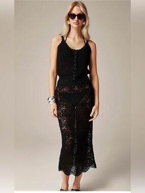 Black Crochet Fitted Midi Skirt